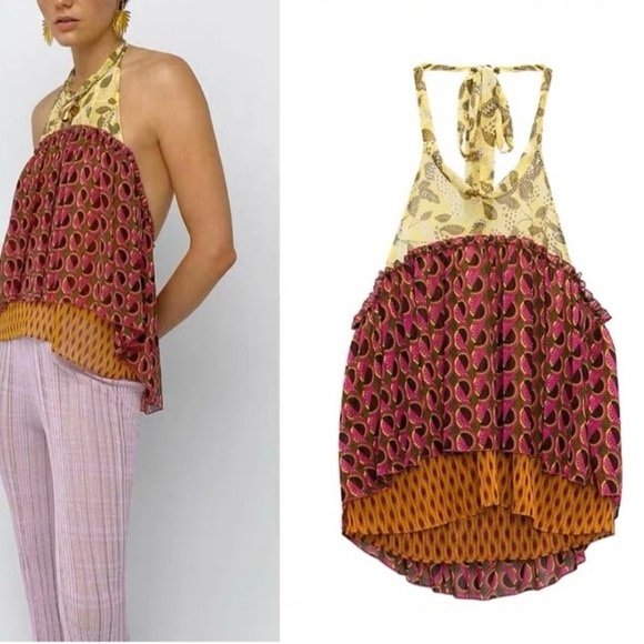 NWT ZARA Halter Neck Multicolored Printed Top Metallic Layer 7720/025 Size XL - Picture 1 of 14